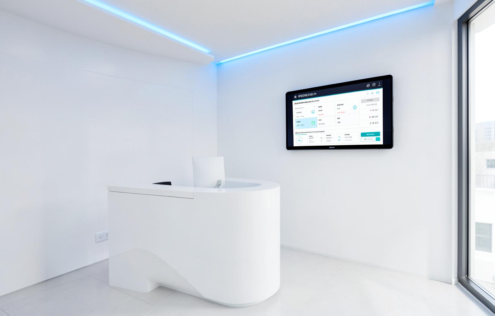 Recepción moderna de una clínica dental con panel de automatización
